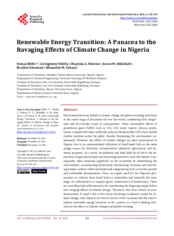 (PDF) Renewable Energy Transition: A Panacea to the Ravaging Effects of ...