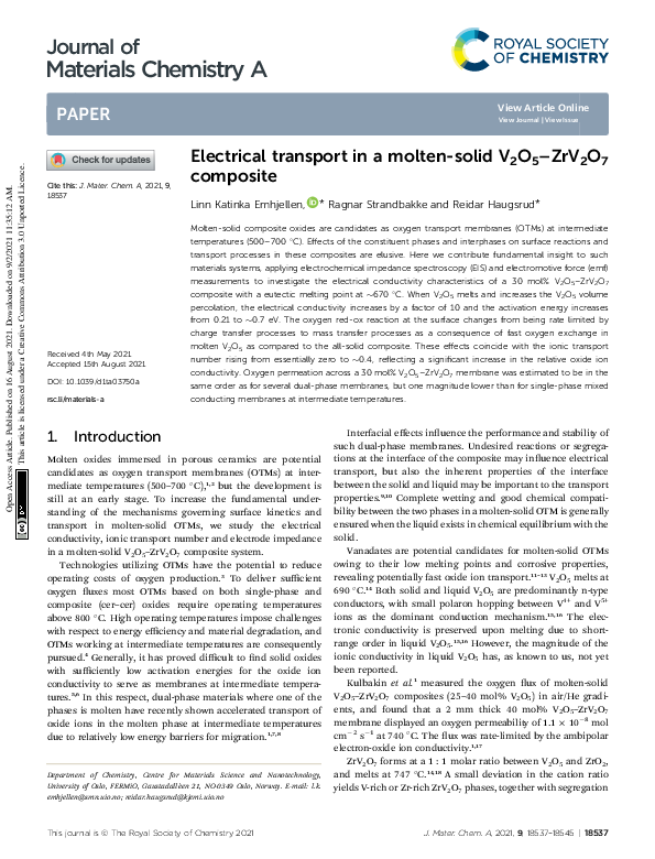 (PDF) Electrical transport in a molten-solid V2O5–ZrV2O7 composite