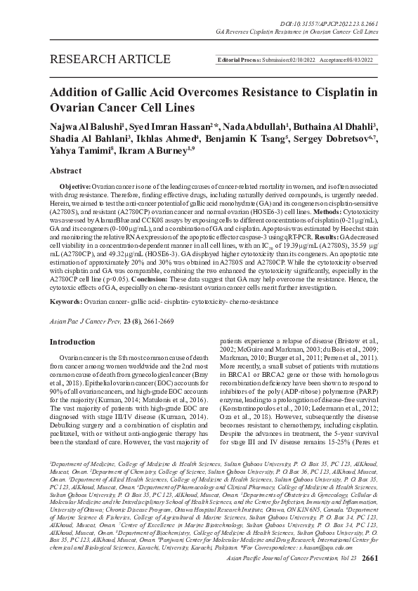 (PDF) Addition of Gallic Acid Overcomes Resistance to Cisplatin in ...