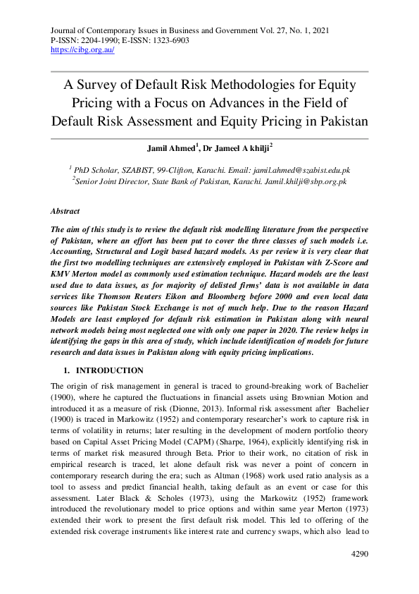 (PDF) A Survey of Default Risk Methodologies for Equity Pricing with a ...