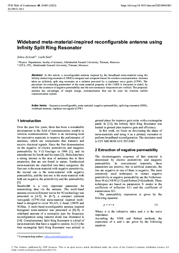 (PDF) Wideband metamaterialinspired reconfigurable antenna using