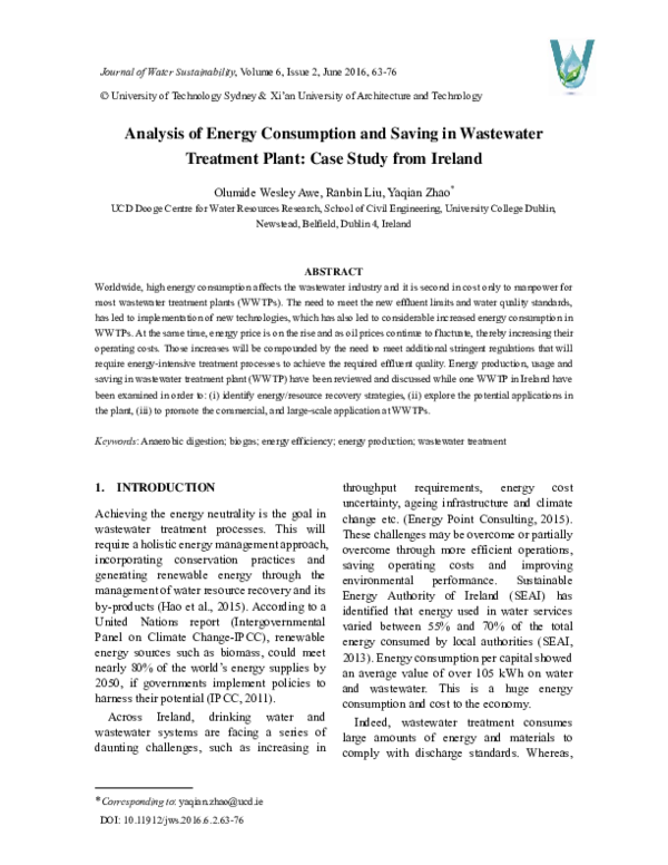 (PDF) Analysis of Energy Consumption and Saving in Wastewater Treatment ...