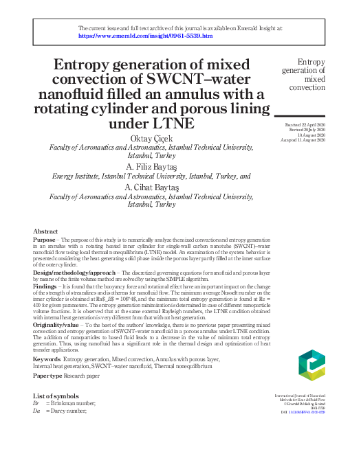 (PDF) Entropy generation of mixed convection of SWCNT–water nanofluid ...
