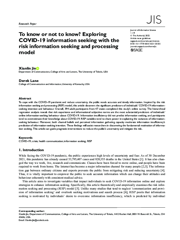 (PDF) To know or not to know? Exploring COVID-19 information seeking ...