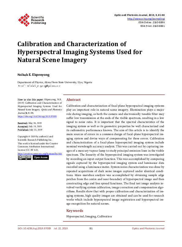 (PDF) Calibration and Characterization of Hyperspectral Imaging Systems ...