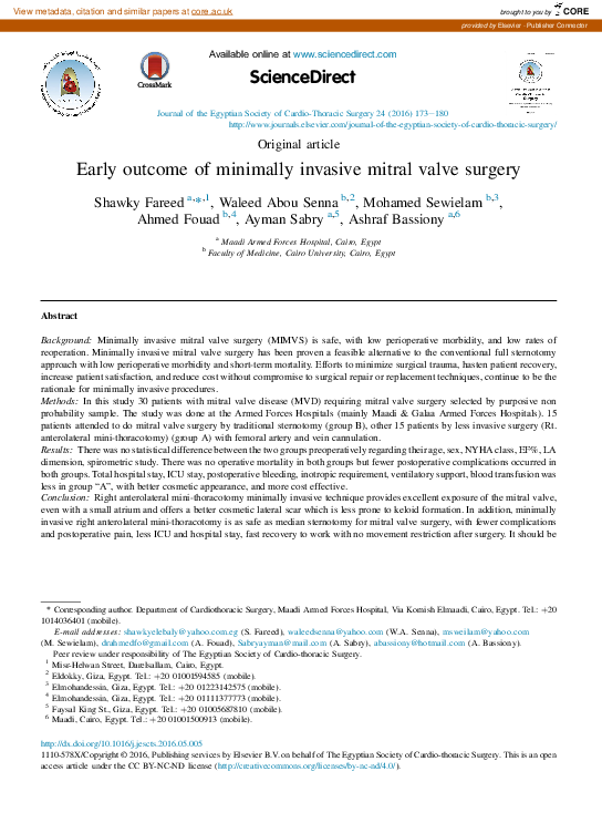 (PDF) Early outcome of minimally invasive mitral valve surgery