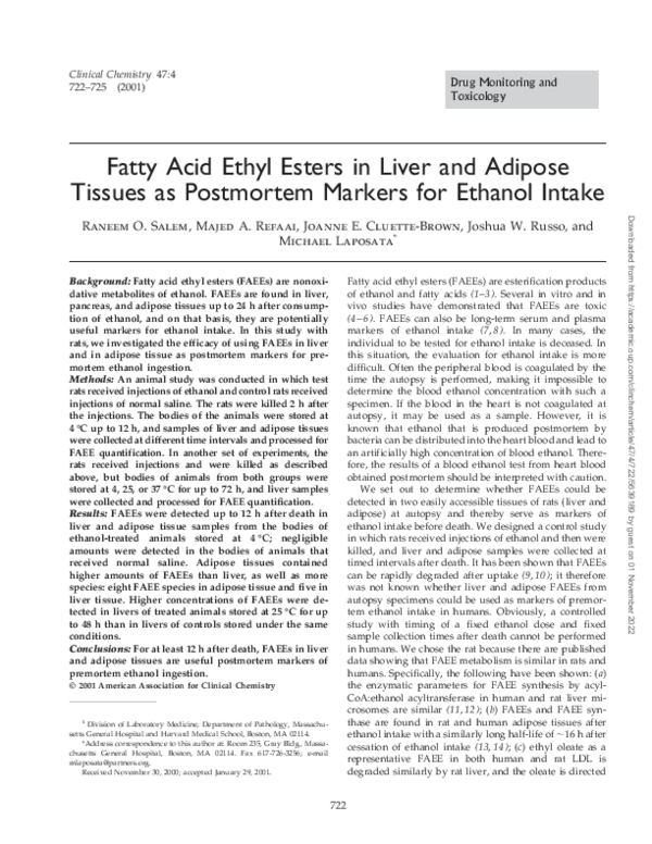 (PDF) Fatty Acid Ethyl Esters in Liver and Adipose Tissues as