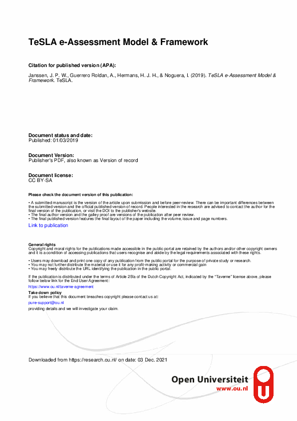(PDF) TeSLA e-Assessment Model & Framework