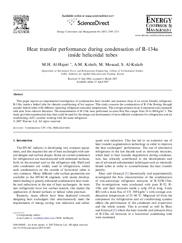 (PDF) Heat transfer performance during condensation of R-134a inside ...