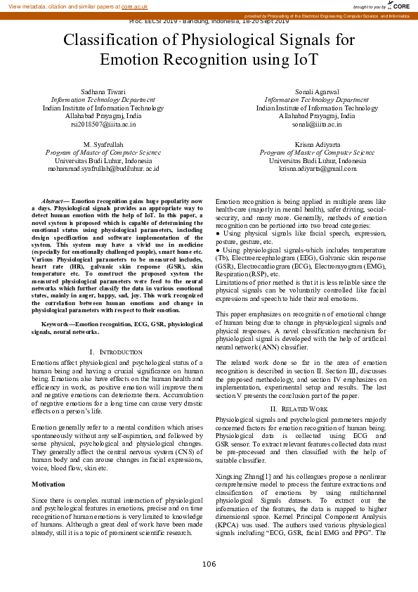 (PDF) Classification of Physiological Signals for Emotion Recognition ...