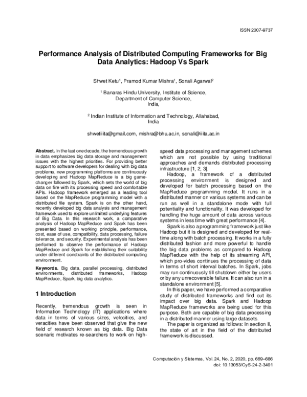 (PDF) Performance Analysis of Distributed Computing Frameworks for Big ...