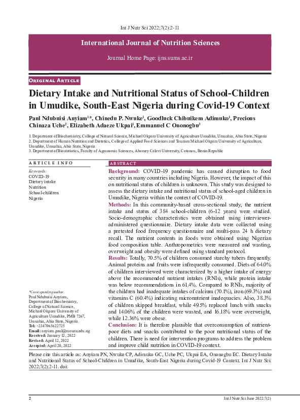 (PDF) Dietary Intake and Nutritional Status of School-Children in ...