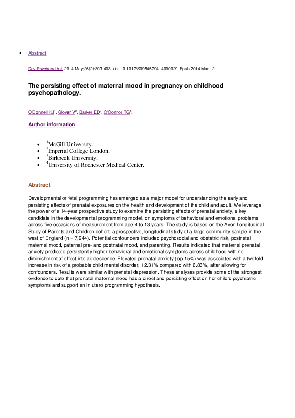 (PDF) The persisting effect of maternal mood in pregnancy on childhood ...