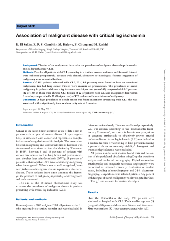 (PDF) Association of malignant disease with critical leg ischaemia ...