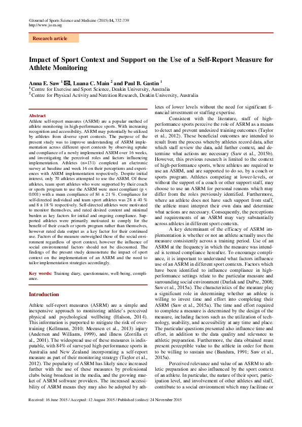 (PDF) Impact of Sport Context and Support on the Use of a Self-Report ...