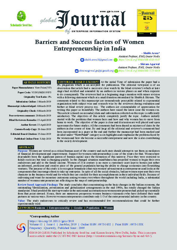 (PDF) Barriers and Success factors of Women Entrepreneurship in India
