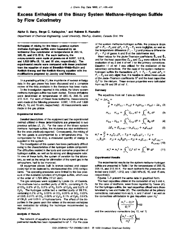 (PDF) Excess enthalpies of the binary system methane-hydrogen sulfide ...