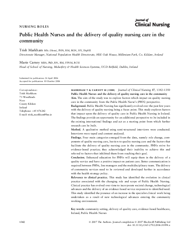 (PDF) Public Health Nurses and the delivery of quality nursing care in ...