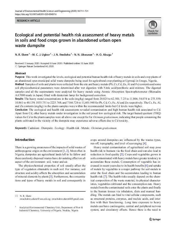 (PDF) Ecological and potential health risk assessment of heavy metals ...