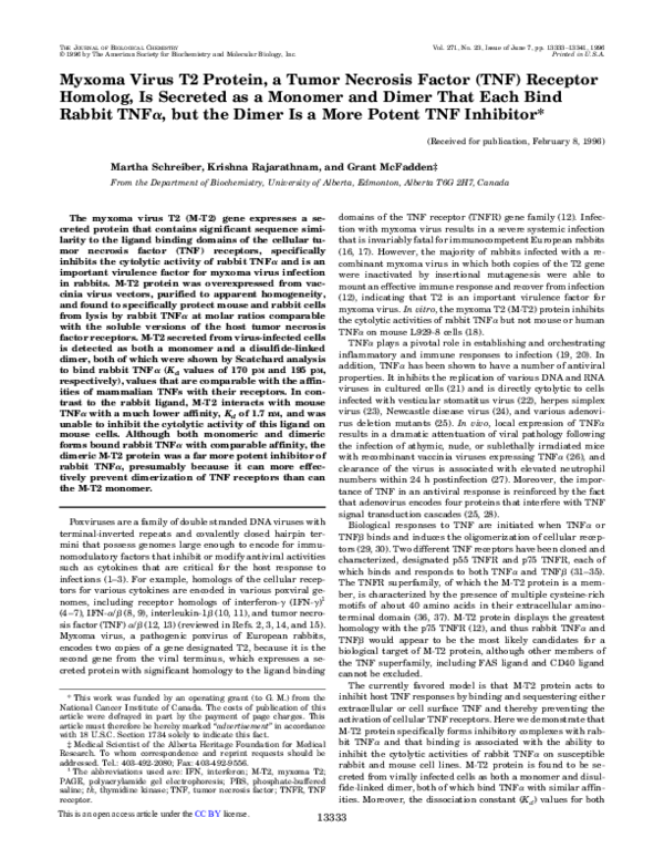 (PDF) Myxoma Virus T2 Protein, a Tumor Necrosis Factor (TNF) Receptor ...