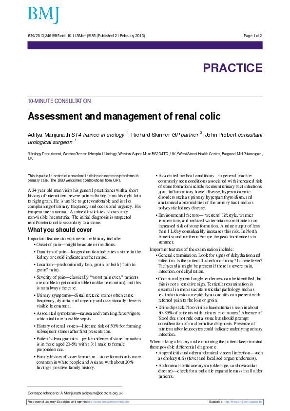 (PDF) Assessment and management of renal colic