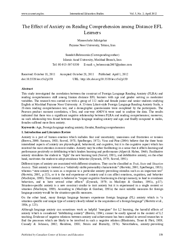 (PDF) The Effect of Anxiety on Reading Comprehension among Distance EFL ...
