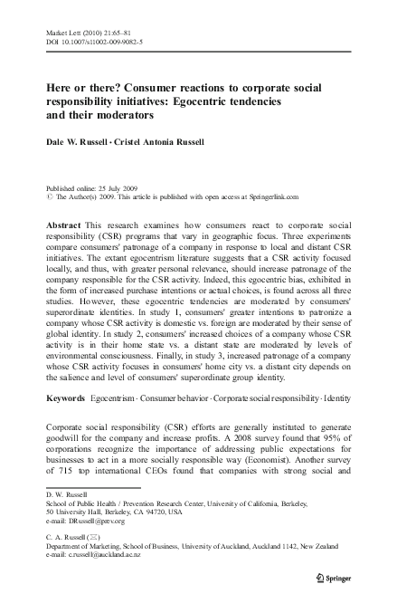 Here or there? Consumer reactions to corporate social responsibility initiatives: Egocentric tendencies and their moderators