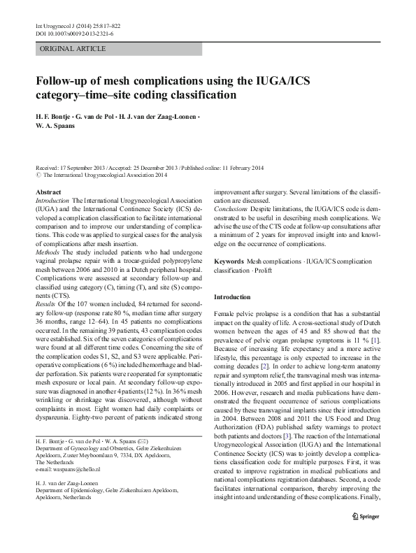 (PDF) Follow-up of mesh complications using the IUGA/ICS category–time ...