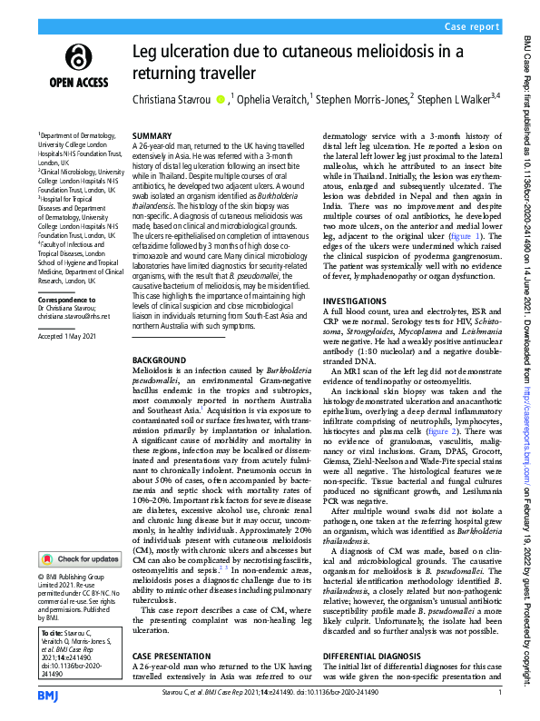 (PDF) Leg ulceration due to cutaneous melioidosis in a returning traveller