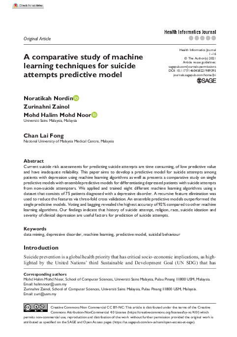 (PDF) A comparative study of machine learning techniques for suicide ...
