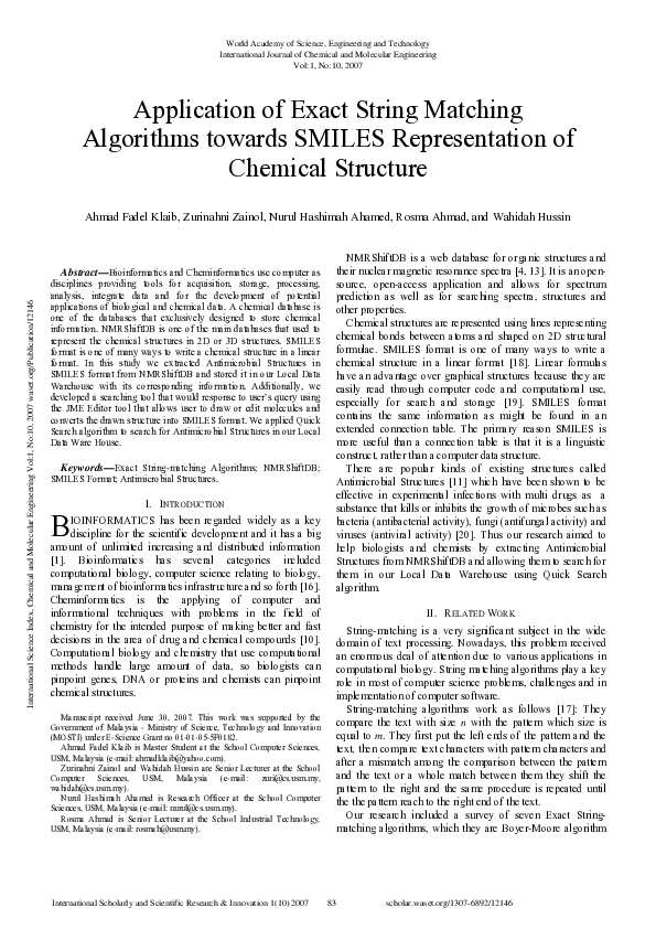 (PDF) Application Of Exact String Matching Algorithms Towards Smiles ...