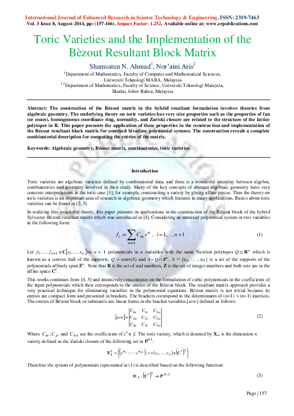 (PDF) Toric Varieties and the Implementation of the Bèzout Resultant ...