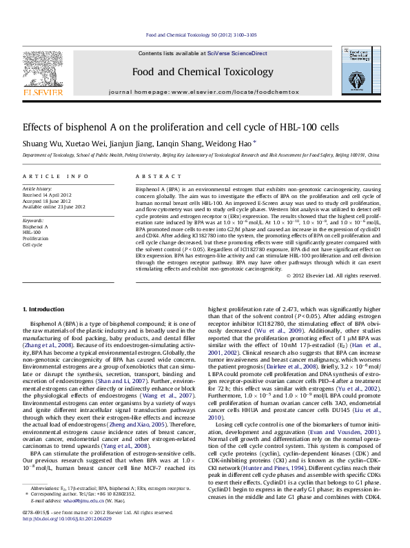 (PDF) Effects of bisphenol A on the proliferation and cell cycle of HBL ...