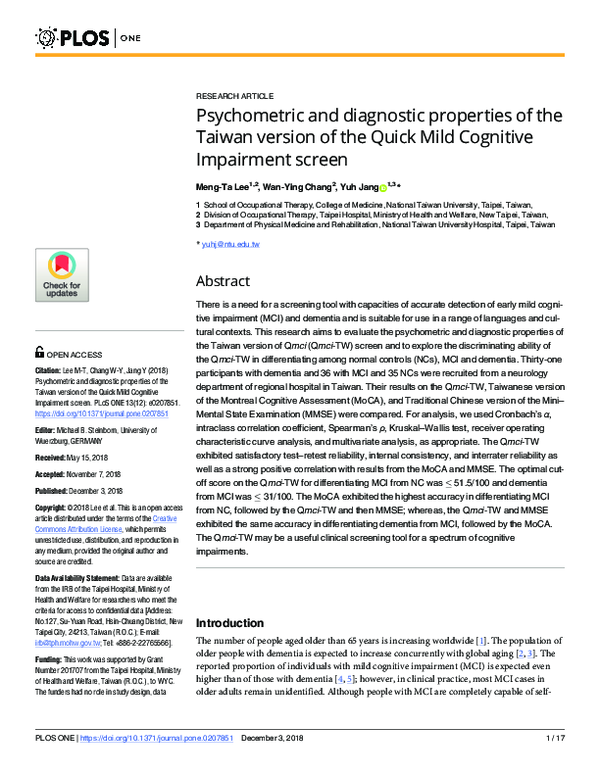 (PDF) Psychometric and diagnostic properties of the Taiwan version of ...