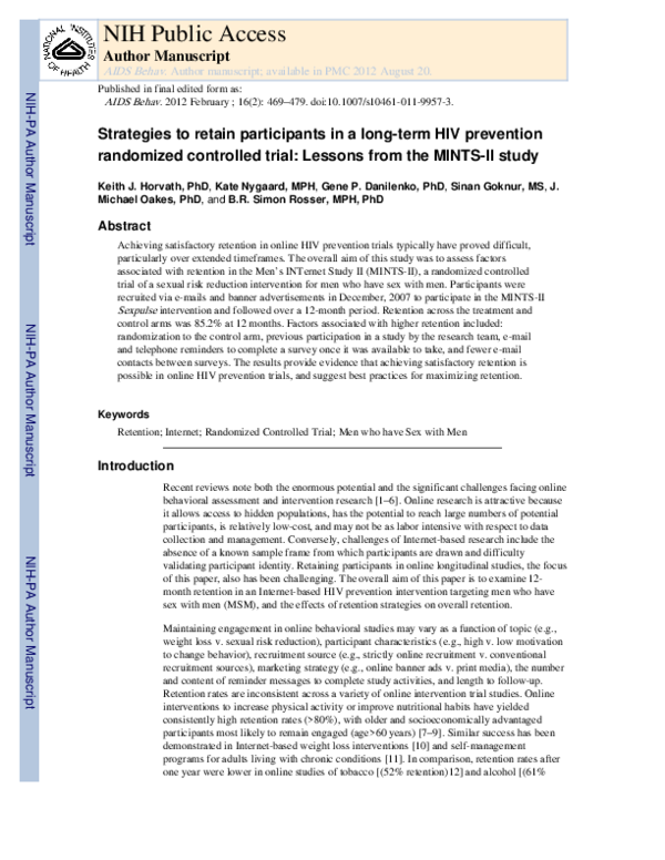 (PDF) Strategies to Retain Participants in a Long-term HIV Prevention ...