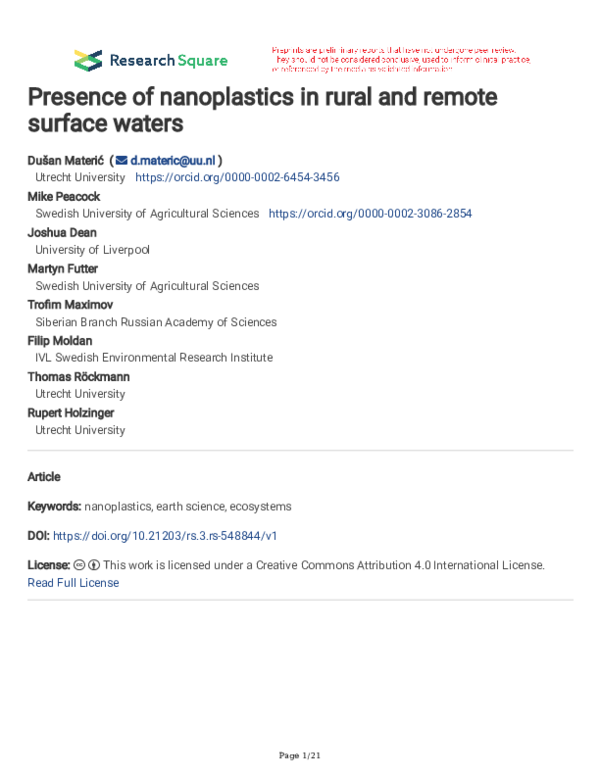 (PDF) Presence of nanoplastics in rural and remote surface waters
