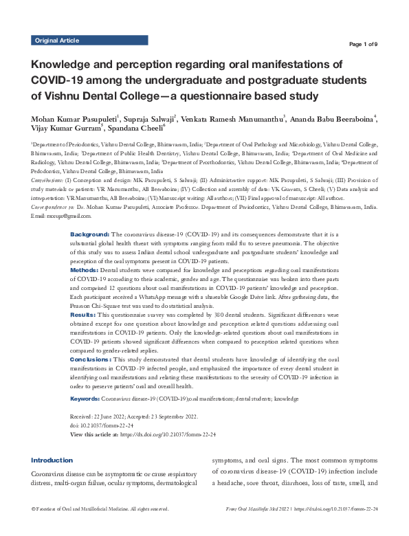 (PDF) Knowledge and perception regarding oral manifestations of COVID ...