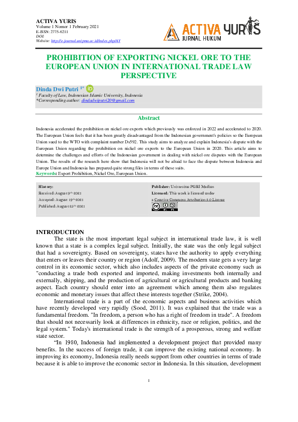 (PDF) Prohibition Of Exporting Nickel Ore To The European Union In ...