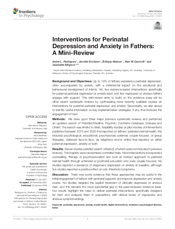 (PDF) Interventions for Perinatal Depression and Anxiety in Fathers: A ...