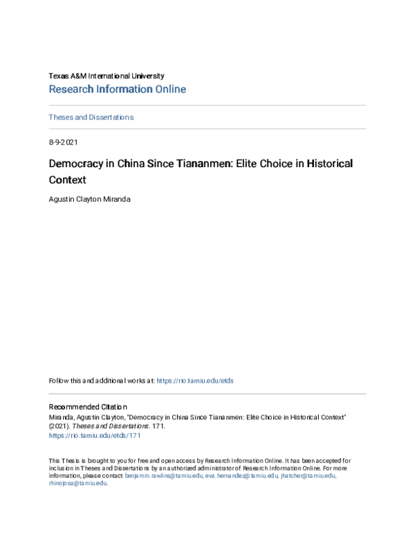 (PDF) Democracy in China Since Tiananmen: Elite Choice in Historical ...