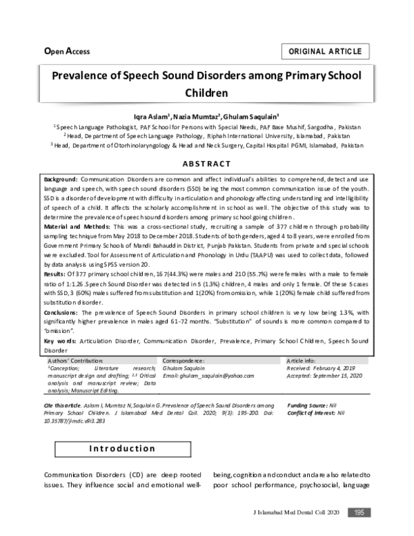 (PDF) Prevalence of Speech Sound Disorders among Primary School Children