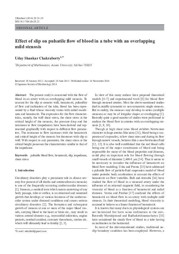 (PDF) Effect of slip on pulsatile flow of blood in a tube with an ...