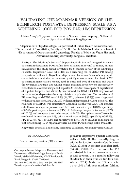 (PDF) Validating the Myanmar Version of the Edinburgh Postnatal ...