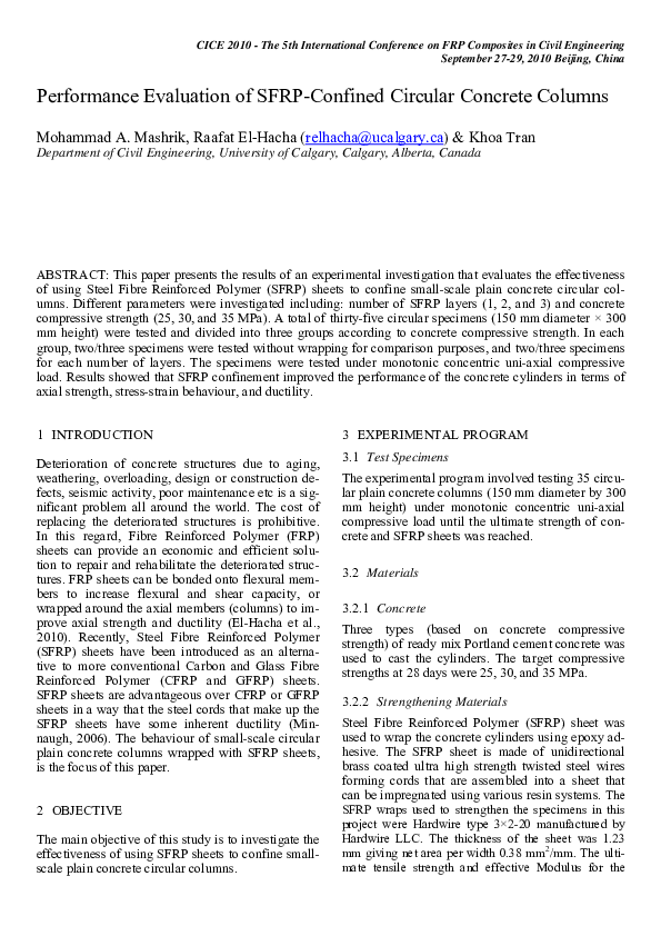 (PDF) Performance Evaluation of SFRP-Confined Circular Concrete Columns