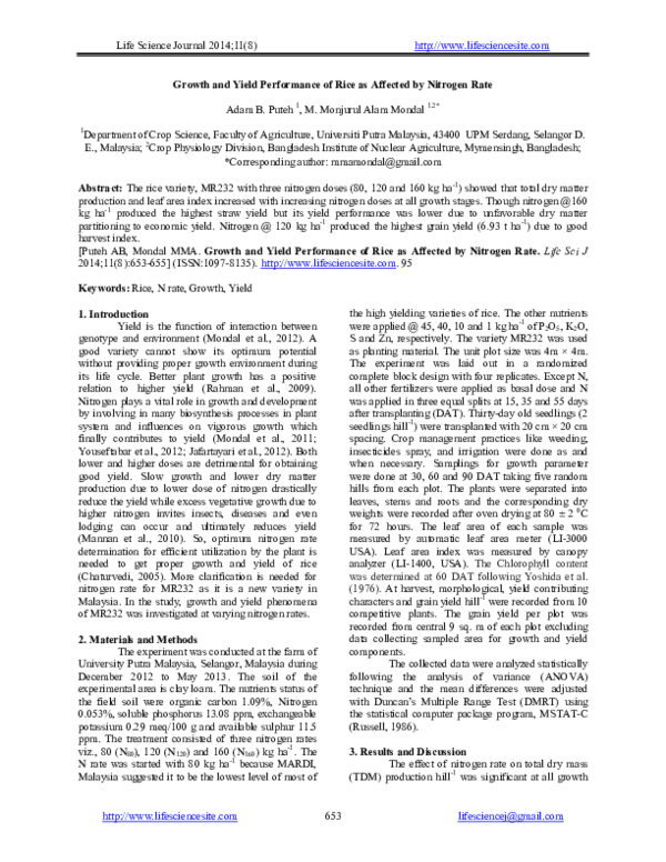 (PDF) Growth and Yield Performance of Rice as Affected by Nitrogen Rate