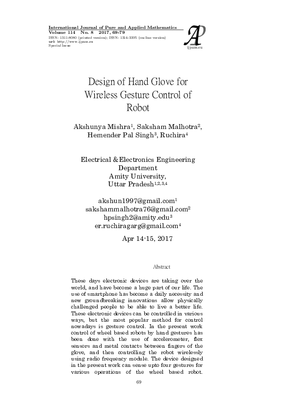 (PDF) Design of Hand Glove for Wireless Gesture Control of Robot