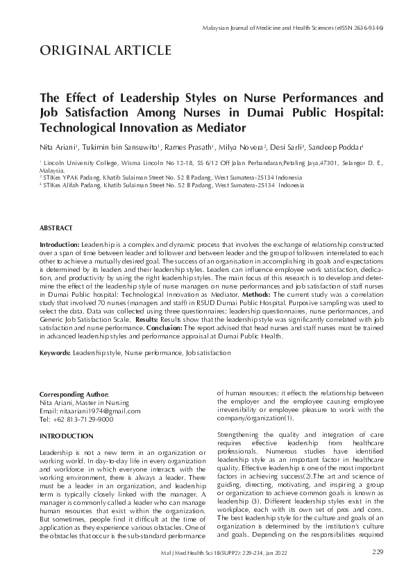 (PDF) The Effect of Leadership Styles on Nurse Performances and Job ...