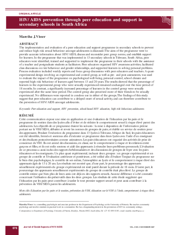 (PDF) HIV/AIDS prevention through peer education and support in ...