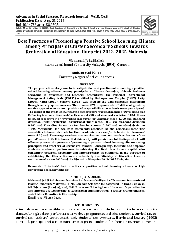 (PDF) Best Practices of Promoting a Positive School Learning Climate ...