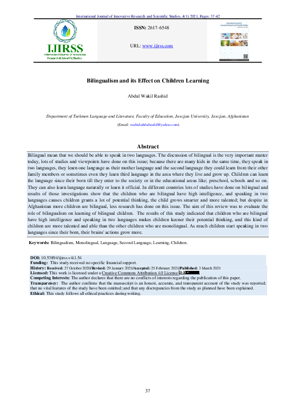 (PDF) Bilingualism and its effect on children learning
